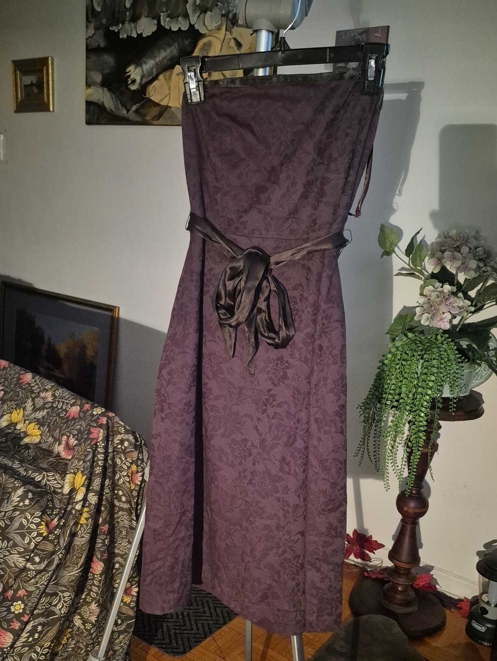 RW&CO. Strapless (Or Not) Brown Jacquard Midi Dress with Satin Waist Tie